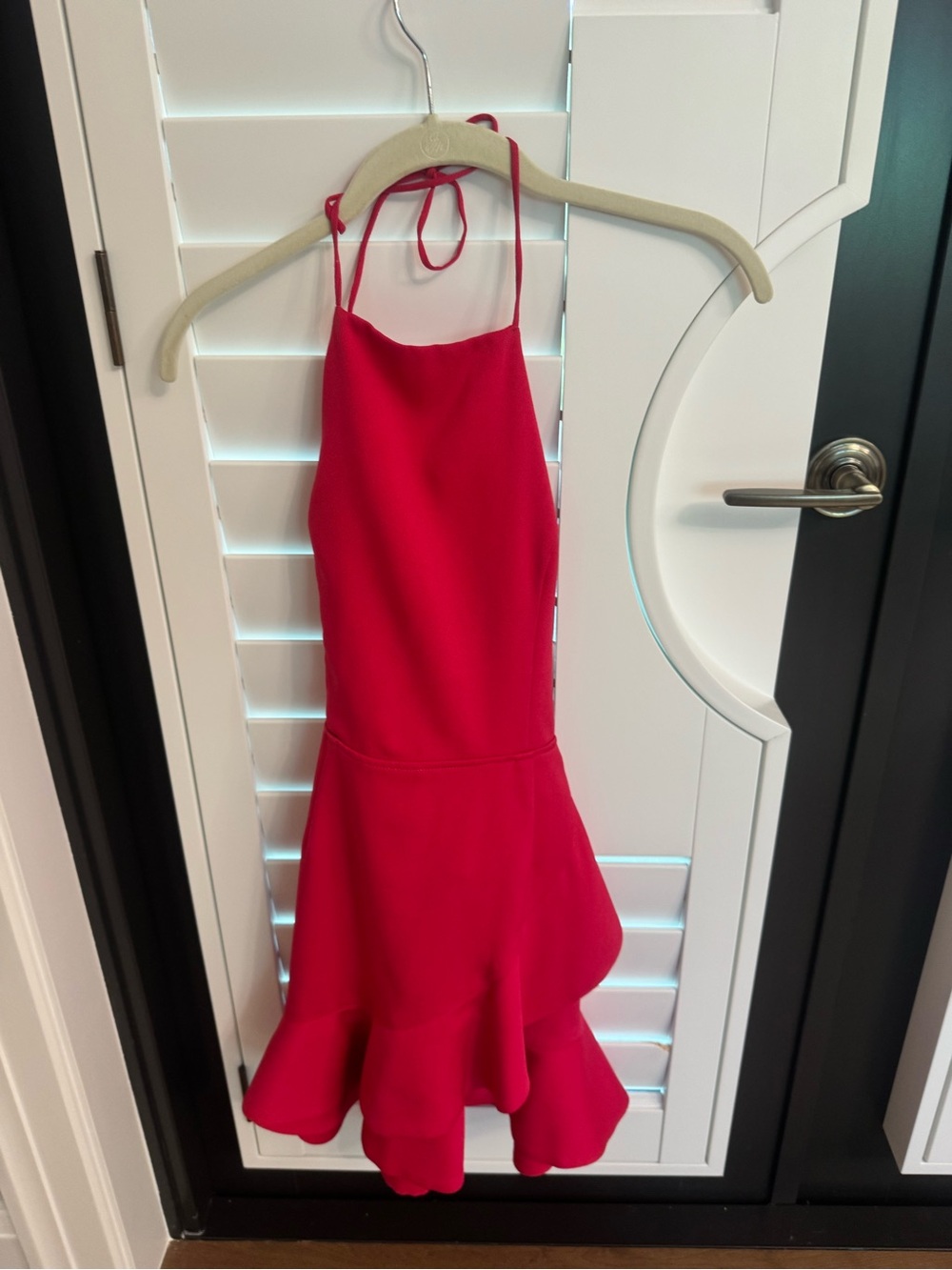 NBD Bright Red Halter Dress with Ruffle Hem